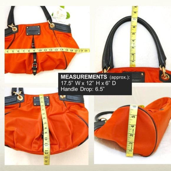 Orange Nylon Black Real Leather Trim Tote Travel Shopping Bag Carryall Shoulder - Picture 11 of 12